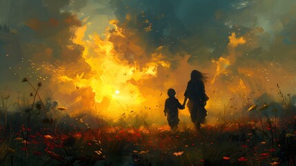 A peaceful landscape painting featuring a mother and child walking hand in hand