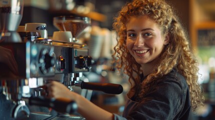 Smiling Barista Operating Espresso Machine