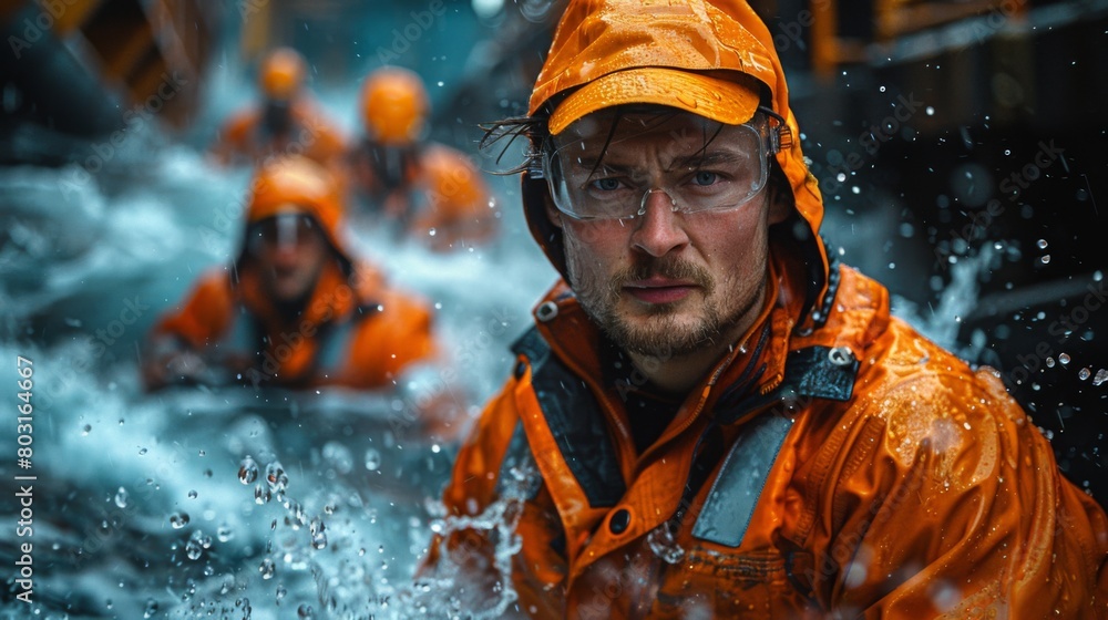 Poster a captivating series of portraits featuring engineers and technicians working in a hydroelectric pow