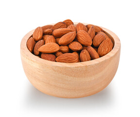 Almonds in wood bowl isolated on white background.