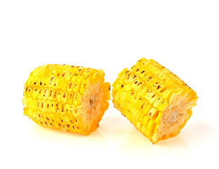 Grilled corn on the cob ,pieces of grilled sweet corn on white background