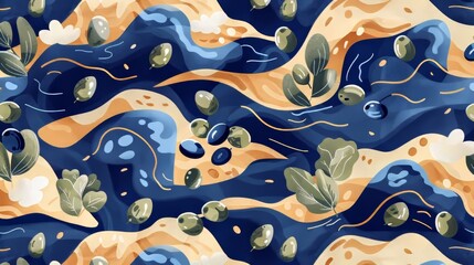 Sunny Mediterranean inspired pattern with oranges and olives amid fluffy clouds
