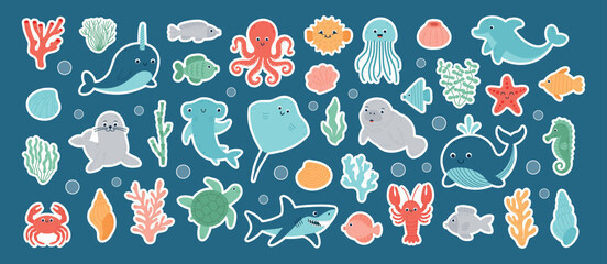 Sticker set with kawaii sea animals, shells, corals, seaweed. Cute sea life character elements. Cartoon vector illustration © Stacy Draw