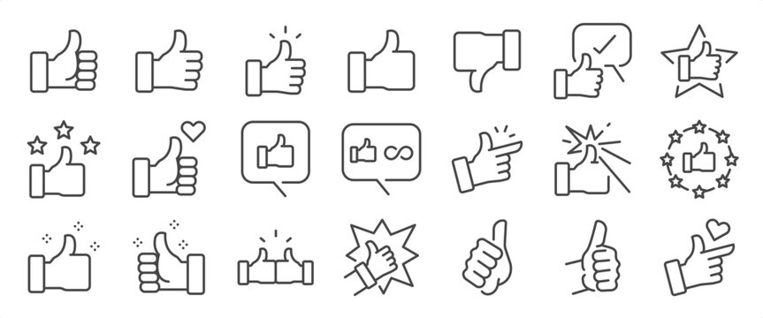 Thumb-up icon set. It includes like, favorite, admire, endorse, and more icons. Editable Vector Stroke.