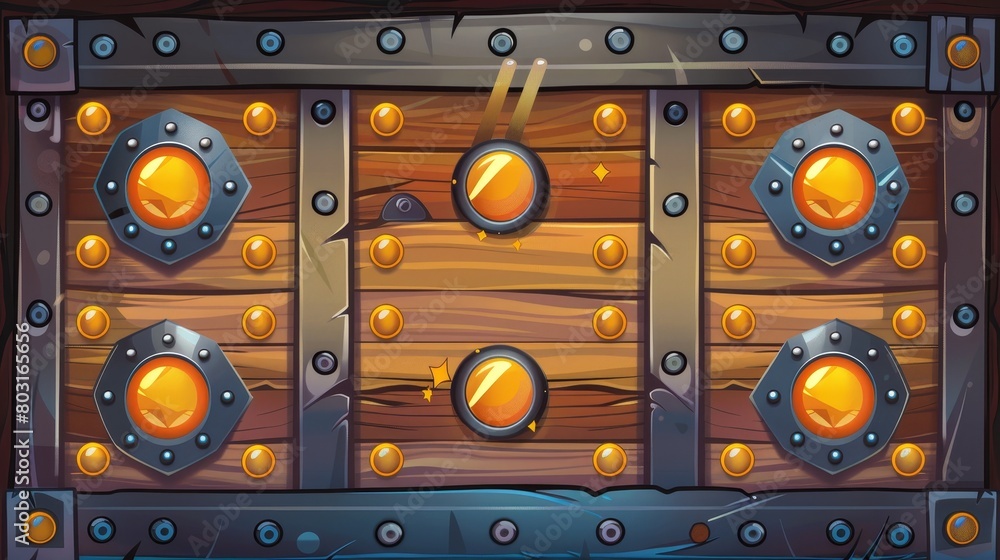 Poster ui game screen design with wooden winners panel with score and steel buttons. cartoon mobile app pop