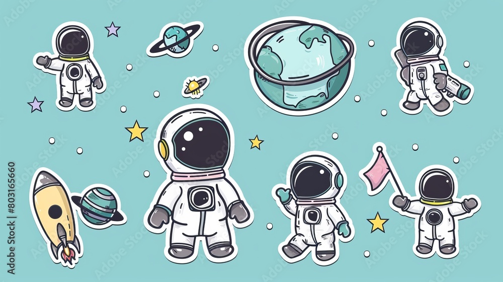 Poster the spaceman on rocket is isolated from the planet. a cute black robot with white flag and star is a