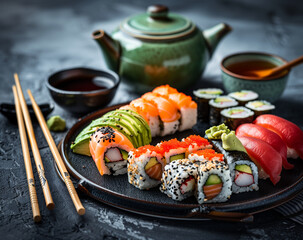 Sushi set with rolls and sashimi on dark plate, Japanese food with green tea pot isolated over black background. Sushis platter of salmon avocado caviar maguro with chopsticks. Close up view. Gstranub