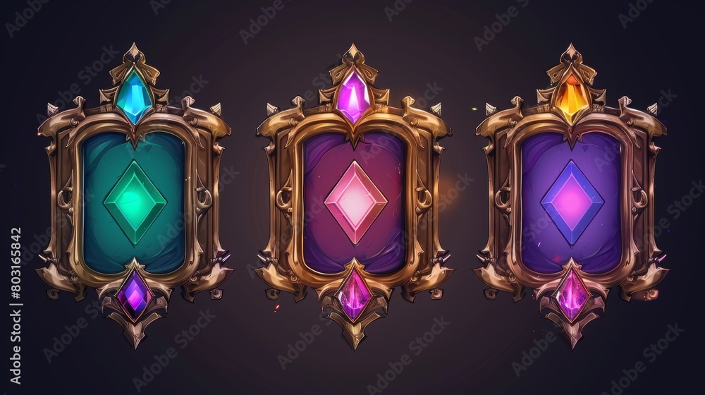 Aufkleber an ancient ornament boarder template with gem in different colors. fantasy game square gold user ava