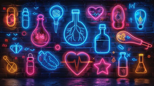 Design a collection of neon medical ethics symbols, including shining
