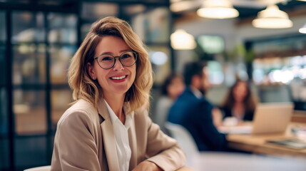 Confident businesswoman leading a productive meeting in a modern office, Business Success