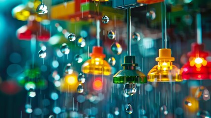 Colorful LEGO rainstorm display with suspended droplets creating a whimsical scene