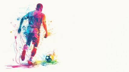 Colorful watercolor painting of soccer man player in action view from back