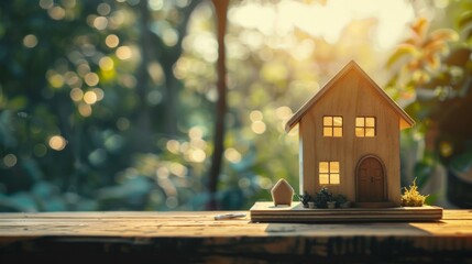 A wooden model house sits on a wooden table in front of an out of focus forest scene with a warm glow.
