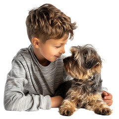 Boy kid with pet dog on isolated transparent background