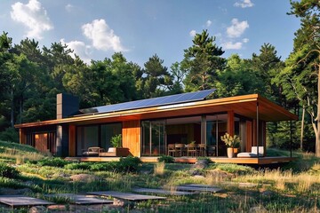 Modern house with solar panels on the roof.