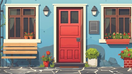 A cartoon house façade with a red door and porch. Modern illustration of a cozy house front, homemade pie cooling down on a large window, flower pots near the door, a wooden bench by the door, and a