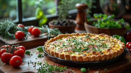 Homemade food illustration, homemade pie with homemade cottage cheese and herbs and spices and crispy crust. On a wooden table in rustic style. Unusual background. Restaurant menu. Homemade food.