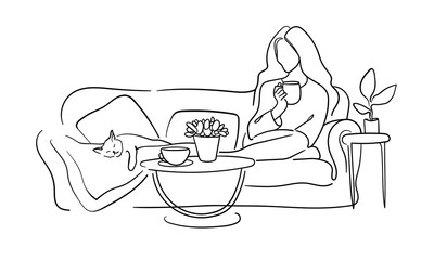 Girl in bed with cat continuous line art drawing isolated on white background. Relax line art drawing. Vector illustration