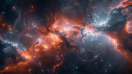 Naklejka premium Illustrate the Dark Matter Web as an ethereal structure of delicate fibers weaving through the cosmos, linking galaxies with ghostly strands that glow against the deep space darkness.