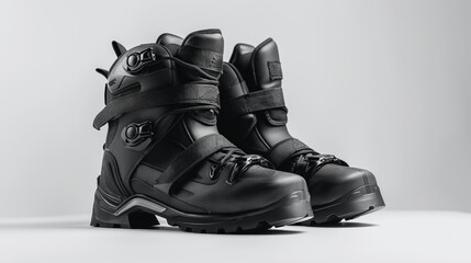  Black skiing boots on white background.