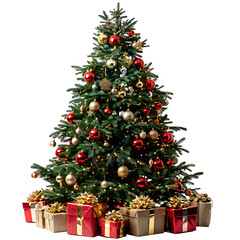 Christmas tree with gifts on isolated transparent background