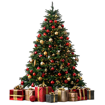Christmas tree with gifts on isolated transparent background