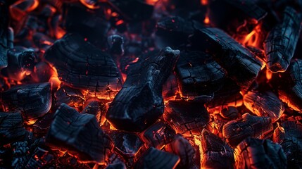 The image is of a pile of charcoal with a fire burning in the middle. Scene is intense and dramatic, as the fire seems to be consuming the charcoal