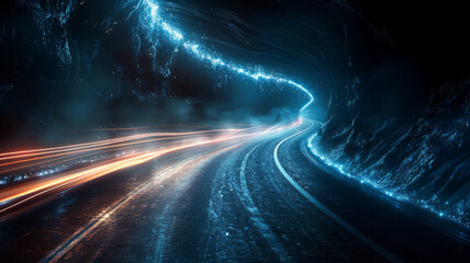 Obraz premium Light streaks forming road: Illuminated journey.generative ai