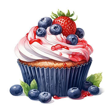 recommend clip art: watercolor cupcake with strawberry and blueberry on white and transparent background 