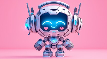 The cute robot stands on a pink background