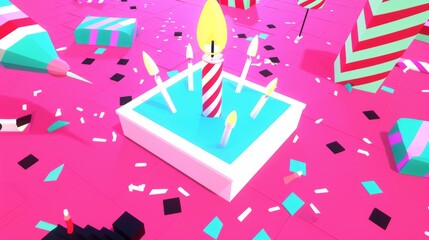 A modern and minimalist illustration of a birthday candle surrounded by abstract shapes and patterns, offering