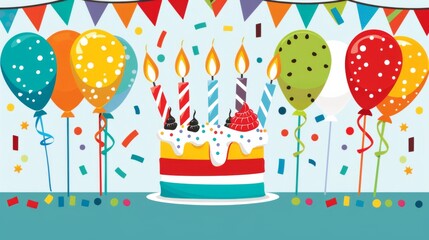 An adorable illustration of a colorful birthday cake surrounded by confetti and balloons, perfect for sending