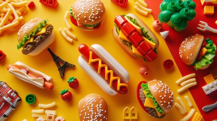 Creative LEGO assembly of iconic global food items on a vivid background