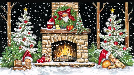 A heartwarming depiction of a family gathered around a fireplace, roasting chestnuts and singing Christmas carols