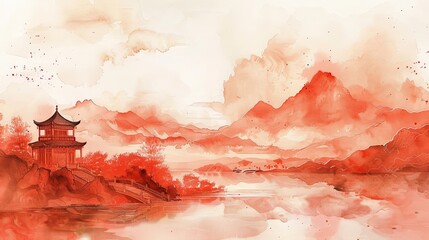 Chinese landscape painting, Chinese architecture in the distance, mountains and rivers