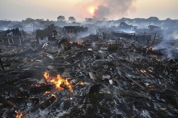 A striking image capturing the devastating aftermath of a catastrophic urban fire, with smoldering ruins and a haunting sunrise in the background.