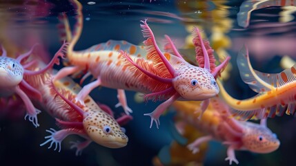 Colorful Axolotls in Aquarium