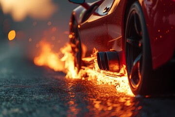 A close-up shot of the exhaust pipes of a racing sports car, flames shooting out as it accelerates to 200km/hr. The intensity of the flames is captured in stunning detail, showcasing the raw power 