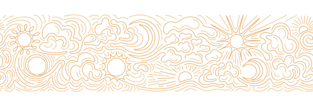 Sun, moon, cloud Line art sketch seamless pattern