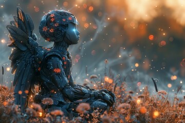 A beautiful black humanoid angel robot with wings sitting in the grass meditating, surrounded by fireflies and flowers at sunset in the style of cinematic.