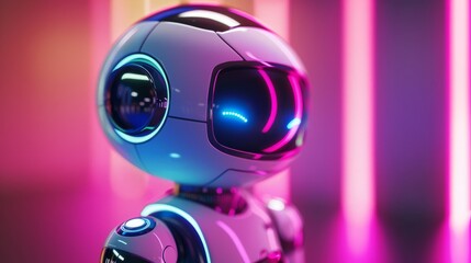 The cute robot stands on a pink background