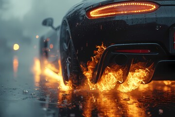A close-up shot of the exhaust pipes of a racing sports car, flames shooting out as it accelerates to 200km/hr. The intensity of the flames is captured in stunning detail, showcasing the raw power