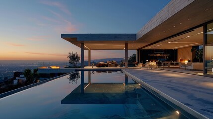 Fototapeta premium A large house with a pool and a patio. The pool is surrounded by a deck and the patio has a fire pit. The house is located on a hill overlooking a city