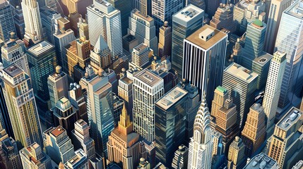 Capture the intricate details of a bustling cityscape in a birds-eye view illustration, highlighting iconic skyscrapers and busy streets using a digital vector rendering technique