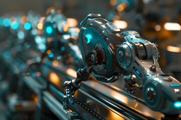 Fototapeta premium Capture the intricate details of smart factory robots from a dramatic worms-eye view in a hyper-realistic digital rendering Show dynamic movement and advanced technology, Device a whimsical clay sculp