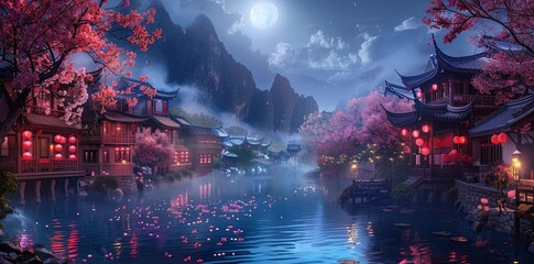 Chinese style ancient architecture, moonlit night sky, red and purple maple trees by the lake, pink cherry blossoms floating in the water
