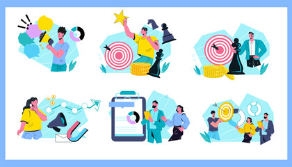 Fototapeta premium Business concept vector illustrations set for topics of strategy and analytics, market research and investments, flat illustration isolated on white background.