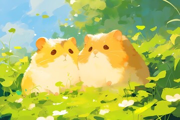 cartoon of a cute pair of hamsters in the park