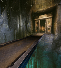 3D rendered fantasy cave interior with a bridge  © HWWO Stock