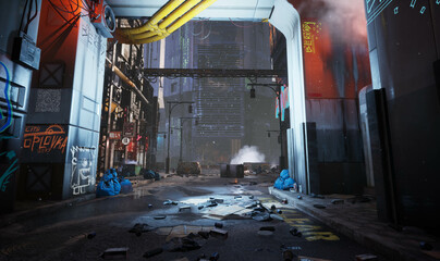 Naklejka premium 3D rendered illustration of a cyberpunk urban alley with neon signs and graffities 